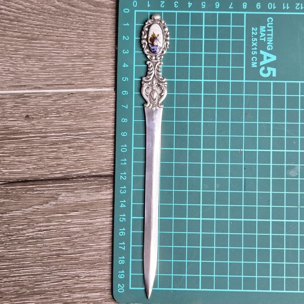 Vintage 800 Silver Ornate Letter Opener w/ Porcelain Windmill Scene 34g European